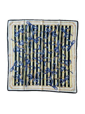 Fendi Vintage Cotton Scarf Blue Ribbon & Chain Stripe Print Italy 22”